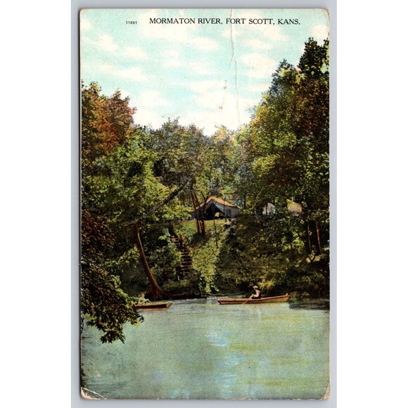 Other - Postcard Kansas Fort Scott Marmaton River Boats Tents Posted 1908 Mormaton Stamp